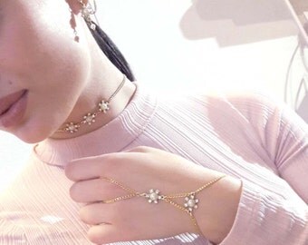 Brass Slave Bracelet Ring Gold Harness Crystal flower
