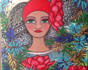 Red Lotus II. Mixed media folk art portrait.