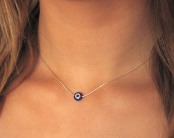 Silver Evil Eye Necklace , 925 Silver Necklace , Blue Evil Eye Necklace , Bridesmaid Gift , Delicate Necklace , Layering Necklace ,