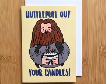Harry Potter Birthday Card - A2 Handmade Hufflepuff Out Your Candles Hagrid Cake Card