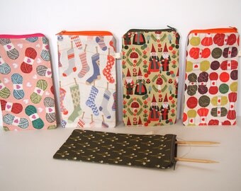 Circular knitting needle case / holder, zipper pouch, 7.5" x 4.5", Organize and store, Gift for knitter, Knitting accessory, craft storage
