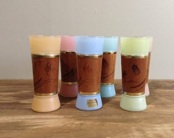 Mid Century Tiki Glasses / Vintage Siesta Ware Frosted Glass, Mahogany Wrapped Highball, Tumbler / Polynesian Barware / Set of 6