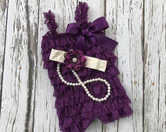 Petti Lace Romper set-Lace Romper-Girls Lace Romper set- Baby Romper-Purple petti romper, Baby girl purple 1st birthday. Plum romper