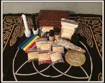 Triquetra Wiccan Altar Box Kit ~ Triquetra Floral Carved Mango Wood Box ~ Travel Box ~ Witch ~ Wicca ~ Herbs ~ Candles ~ Oils ~ Incense
