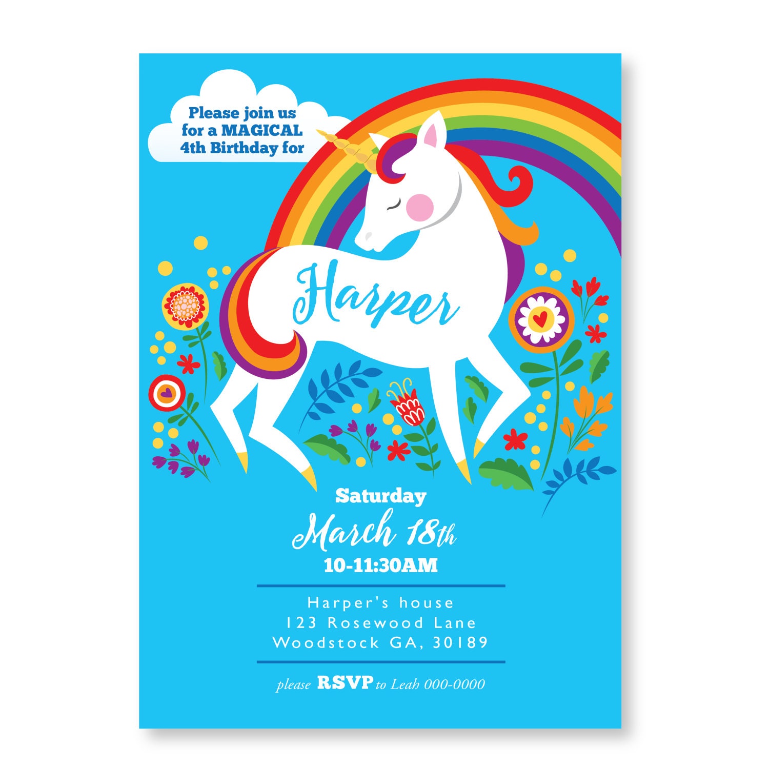 unicorn rainbow birthday invitation printable customized diy girls