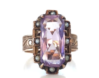 SALE | Victorian Amethyst Ring | Rose Gold | Antique | 10k | Split Pearl | Engagement Ring | Promise Ring | Size 6.5 | Item 83116
