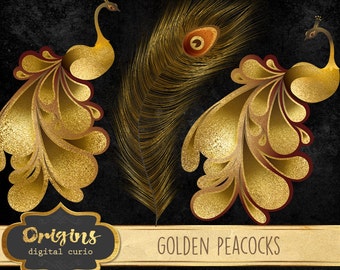 Golden Peacock Clipart, gold peacock clip art digital graphics, peacock illustration, peacock feather, gold foil instant download commercial