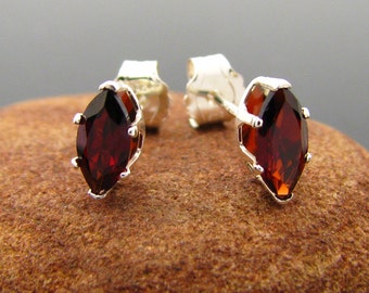 Garnet earrings, studs earring with genuine garnet, sterling silver stud earring red garnet 7x3.5 mm