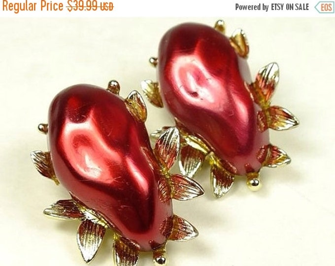 Storewide 25% Off SALE Beautiful Vintage Center Burgundy Designer BSK Signed Earrings Featuring Deep Colored Focal Stone with Gold Tone Lace