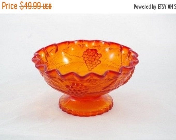 Storewide 25% Off SALE Vintage Amberina Pressed Glass Pedestal Bowl Featuring Beautiful Checker Patterened Raised Design in Yellows and Reds