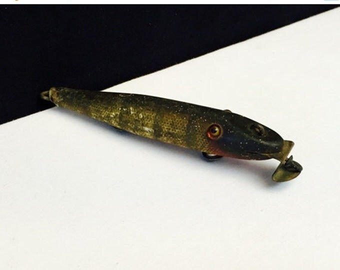 Storewide 25% Off SALE Antique Large Green Hand Painted Wooden Fishing Lure Featuring Original Yellow Glass Eyes