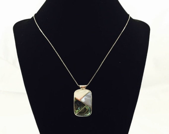 Storewide 25% Off SALE Vintage Sterling Silver Abalone Mother Of Pearl Italian Pendant & Chain Necklace Featuring Eclectic Modern Design