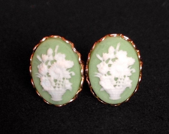 Storewide 25% Off SALE Vintage Hillspride Designer Signed Cameo Style Floral Pierced Earrings Featuring Jade Green Base With Cream Centerpie