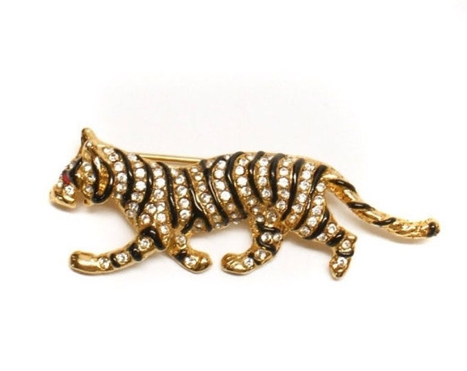 Storewide 25% Off SALE Vintage Gold Tone Faceted Rhinestone Enamel Striped Designer Jungle Tiger Brooch Featuring Highly Detailed Design Acc