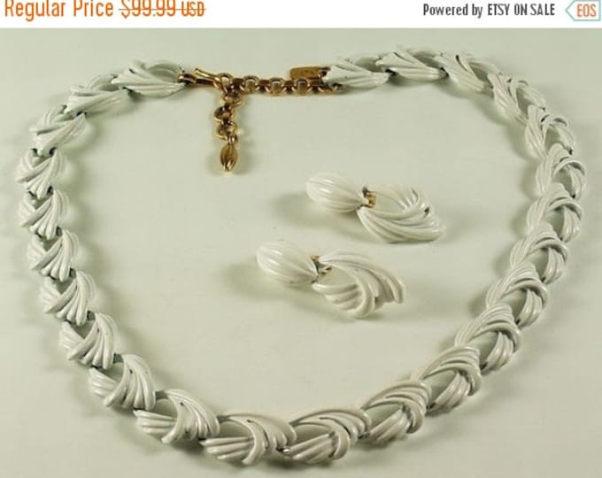 Storewide 25% Off SALE Beautiful Vintage Monet Signed White Woven Enamel Coated Gold Tome Designer Necklace with Matching Earrings