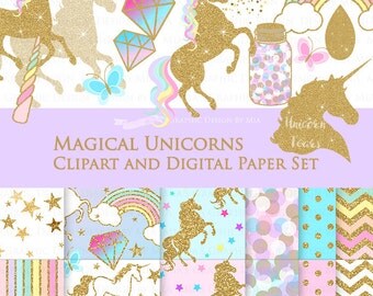 20% off Magical Unicorns / Gold Glitter Unicorns / Einhorn / Unicorn Clip Art + Digital Paper Set - Instant Download