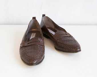 Donald J Pliner shoes / Brown leather shoes / brown woven loafers shoes / 80s brown woven shoes