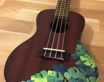 READY TO SHIP! Hand painted concert ukulele with tropical monstera leaves