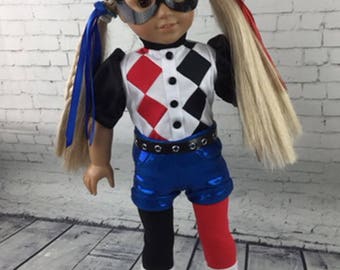 Harley Quinn Custom Hand Made Costume for 18 Inch dolls such as American Girls, Maplelea and others.