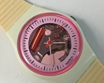 1988 "White Lady" LW119 Vintage Ladies Swatch Watch / 80s Retro Pink White and Peach / Clear Skeleton Jelly Face