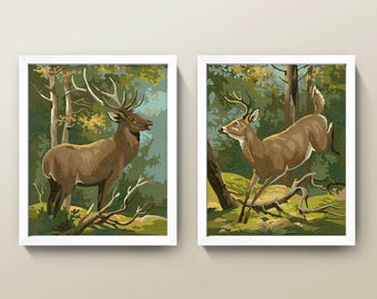 Vintage Paint-By-Numbers Deer Painting Set • 8x10 Prints • High Quality Giclée Prints! • Set of 2