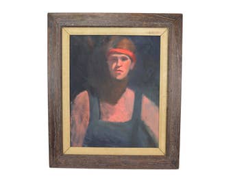 Vintage 1980s Oil Painting Portrait of Young Man with Headband Chicago Artist Behnke