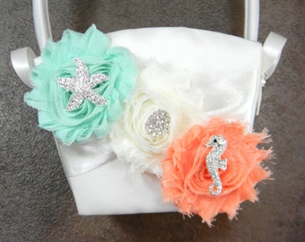 Flower Girl Basket, Beach Wedding Flower Basket, Starfish and Seahorse Flower Basket, Seaside Crystal Rhinestone Wedding Basket MORE COLORS
