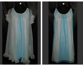 Adorable Vintage 1960's Lorraine Contrasting Blue Chiffon Babydoll Peignoir & Nightgown Set S