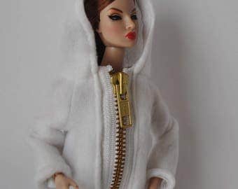 White Fleece Hoodie and Pants Outfit Handmade Fashion Doll Clothes This is not a product or Endorsement of Mattel Barbie Clothes #58