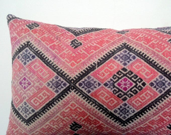12"x28" Vintage Chinese Wedding Blanket Long Lumbar Pillow Cover/ Boho Ethnic Dowry Textile/ Handwoven Cotton Silk Cushion