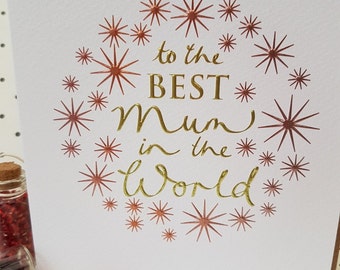 to the BEST Mum in the World Mothers Day copper and silver card, Happy Mothers Day card for her, Elegant font and stars Mothers Day card