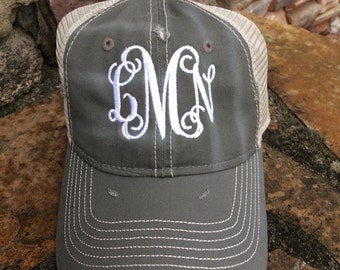 Ladies' Monogram Distressed Trucker Hat - Monogram Hat - Monogram Ladies Hat - Monogram Trucker Hat - Distressed Trucker Hat