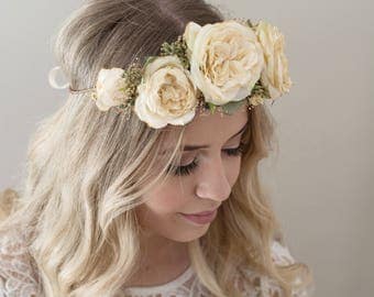 Dried Flower Crown- Wedding Flower Circlet- Bridal Floral Halo - English Rose Wedding Headpiece- Eucalyptus Crown- Champagne Flower Crown