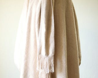 Vintage Peruvian Alpaca Wool Cape button down with scarf / Minimal Full Length Brown Womens Poncho Capchatex fringe / fuzzy wool soft