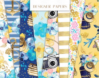 Holiday Escape Digital Paper Pack Summer Beach Travel Floral Nautical Patterns | planner stickers, graphics resources, Fabric, Backdrop
