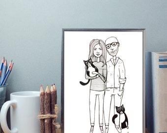 customized family portrait, illustration, commissioned portrait, wall decoration, family gift, drawing, illustration, pets portrait