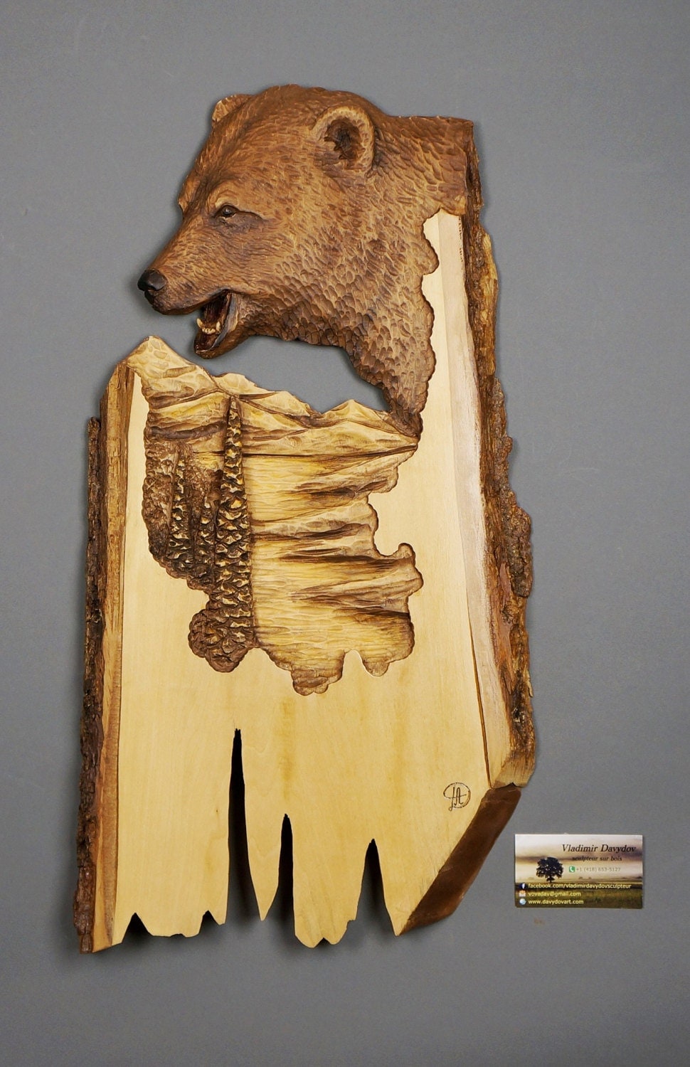 Bear Carved on Wood Wood Carving with Bark Hand Made Gift Wall