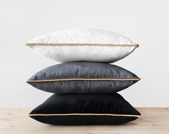 Velvet Pillow Cover with Gold Cording Black White Gray and Gold Pillows Velvet Throw Pillow Trimmed White Velvet Cushion Gray Gold Pillows