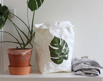 Paper bag storage, Monstera, Botanical print, washable paper bag, Minimalistic, Cheese Plant, Stylish storage, organized home, paper sack