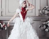 Haute Gothic Wedding Dress Feathers Gown Bloody Vampire Bridal Dress Alternative Red Wedding Dress Halloween Wedding Ball Masquerade Gown