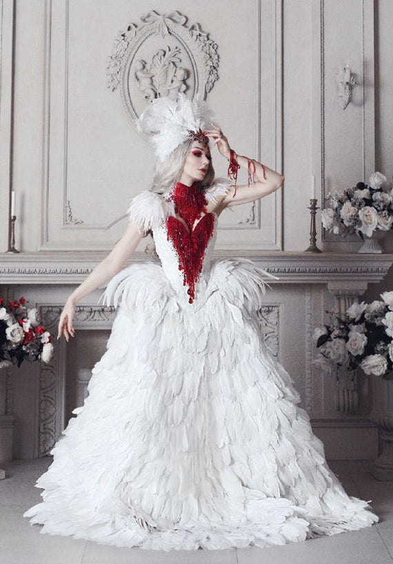 Haute Gothic Wedding Gown Feathers Overbust Corset Bloody