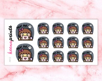 A812 | Night owl stickers, work stickers, study stickers, Keenachi Perfect for Erin Condren Life Planner, Filofax, Plum Paper