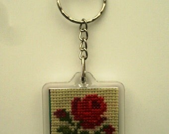 Keychain square hand embroidered Red Rose