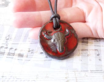 Tribal Rustic Ethnic Pendant Necklace, Wild Buffalo Head Pendant, Native American Jewelry, Fathers Day Gift, Red Pendant, Handmade Jewelry