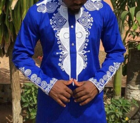 SALE JANGA Royal Blue African Shirt. Silver embroidery detail