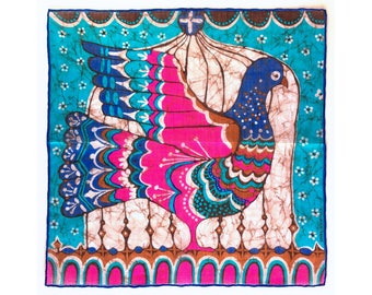 Batik-style Bird in Cage vintage ladies' handkerchief, signed Stoffels, hankie, hanky, H36