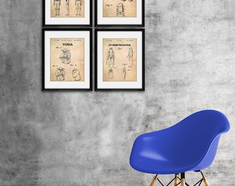 Movie Theater Decor, Star Wars Patent, Star Wars Art, Star Wars Printable, Yoda, R2-D2 C-3PO, Stormtrooper, Print Set of 4, Poster