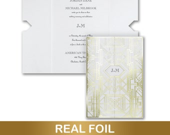 Art Deco Wedding Invitations, Featuring Gold Metallic Foil On White Shimmer Cards, Inner And Outer White Shimmer Envelopes Included