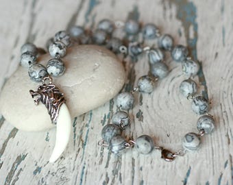 wolf tooth mens necklace grey wolf necklace Game of thrones wolf jewelry boyfriend gift for men teeth charm beaded necklace stone for him