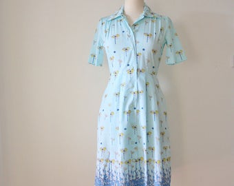 70s Botanical Shirt Dress, Japanese Vintage Ice blue Yellow floral Day dress, Small 3831